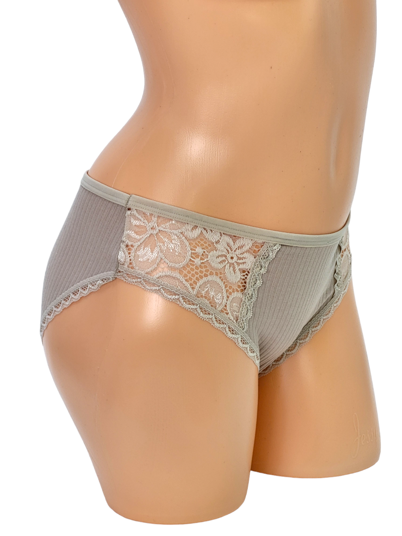 Majtki Damskie Bawełniane Prążkowane z Koronką Beżowe