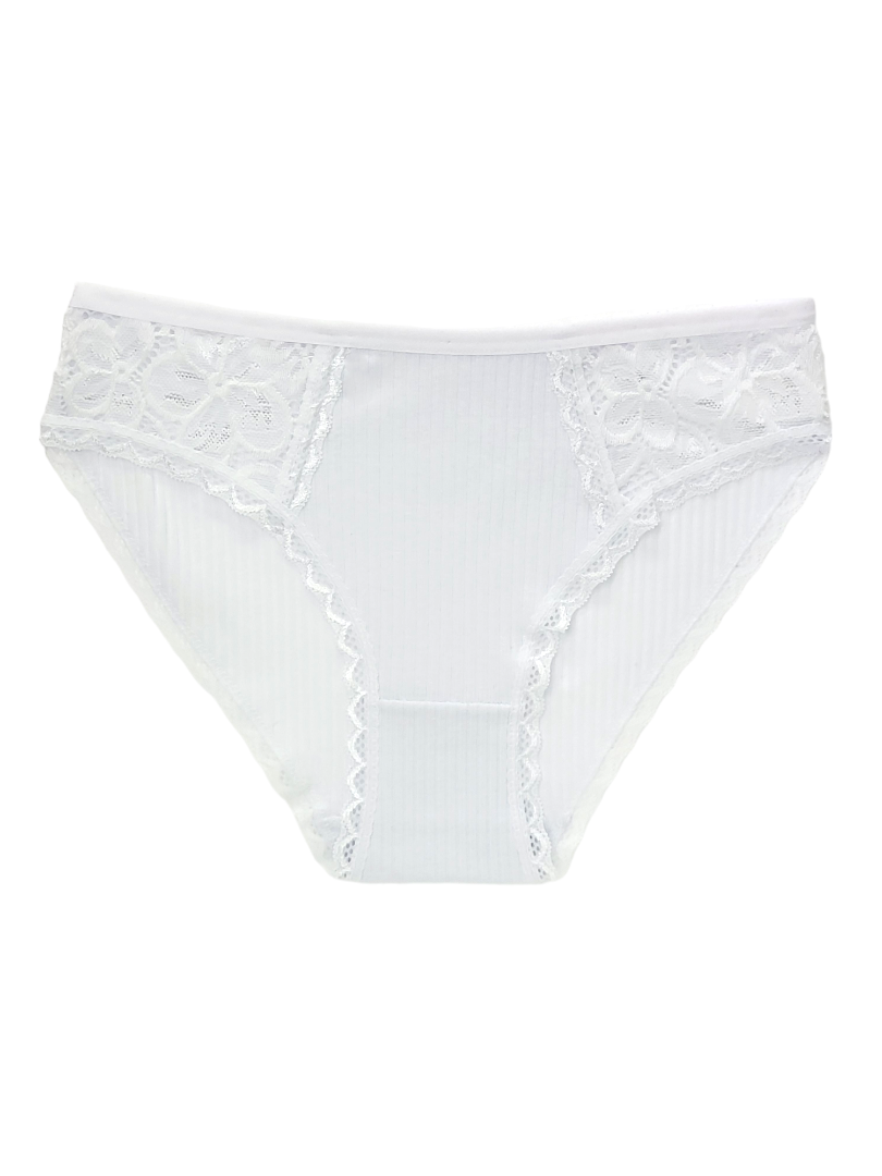 Majtki Damskie Bawełniane Prążkowane z Koronką Białe