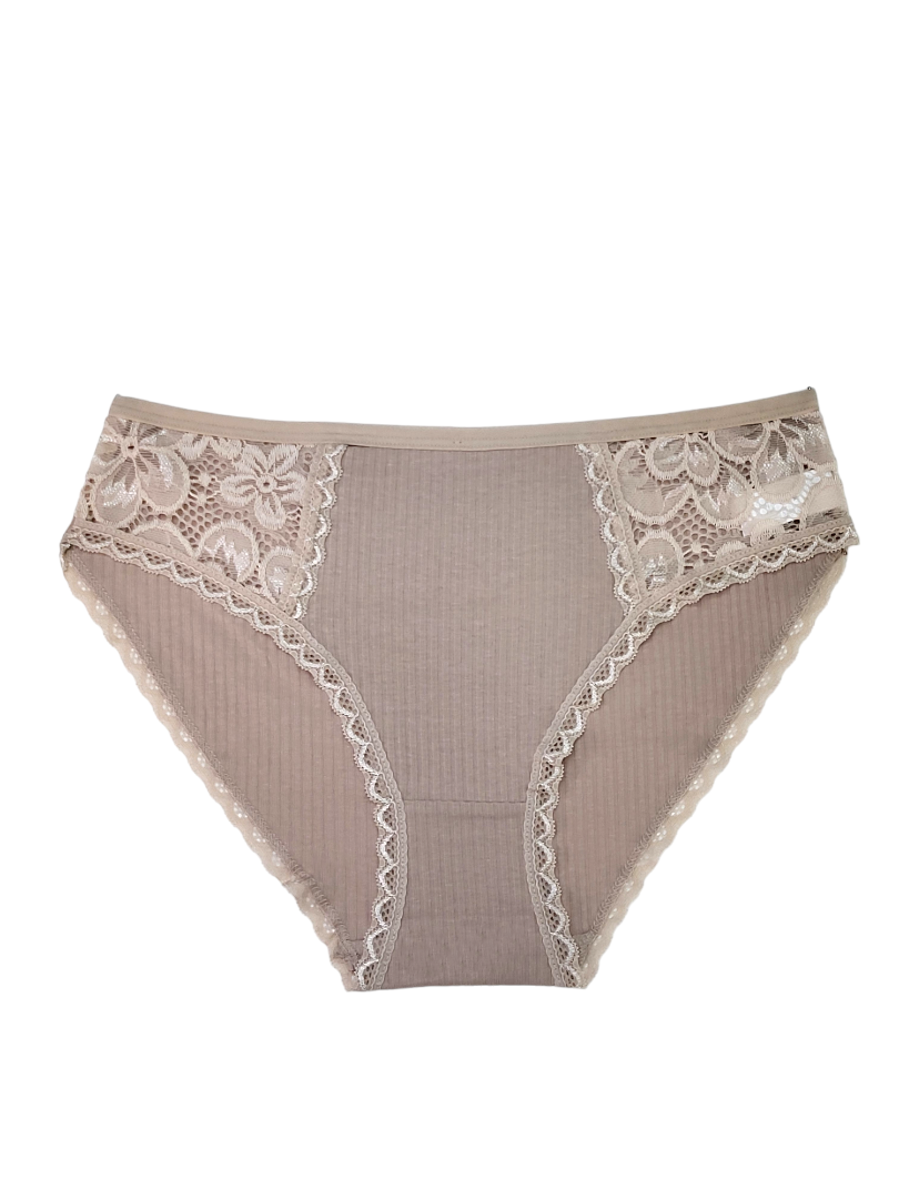 Majtki Damskie Bawełniane Prążkowane z Koronką Beżowe