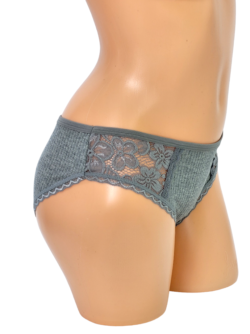 Majtki Damskie Bawełniane Prążkowane z Koronką Szare