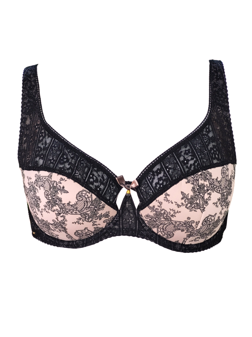 Biustonosz półusztywniany na fiszbinach czarny z pudrowym różem