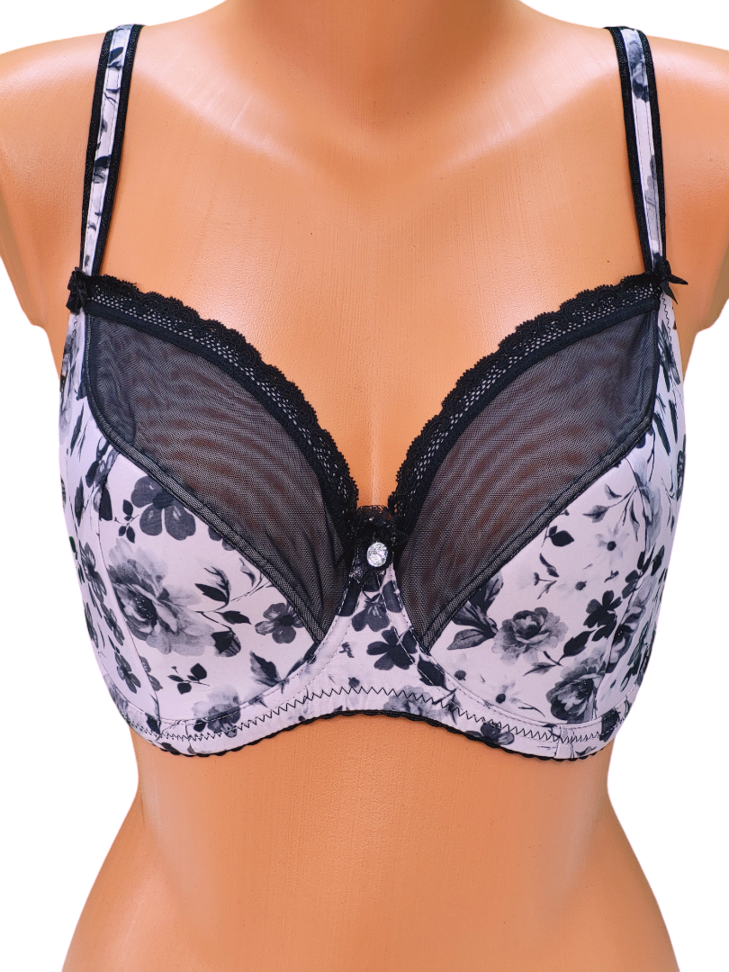 Biustonosz półusztywniany na fiszbinach w w kwiatki, czarno różowy – Lanny Mode