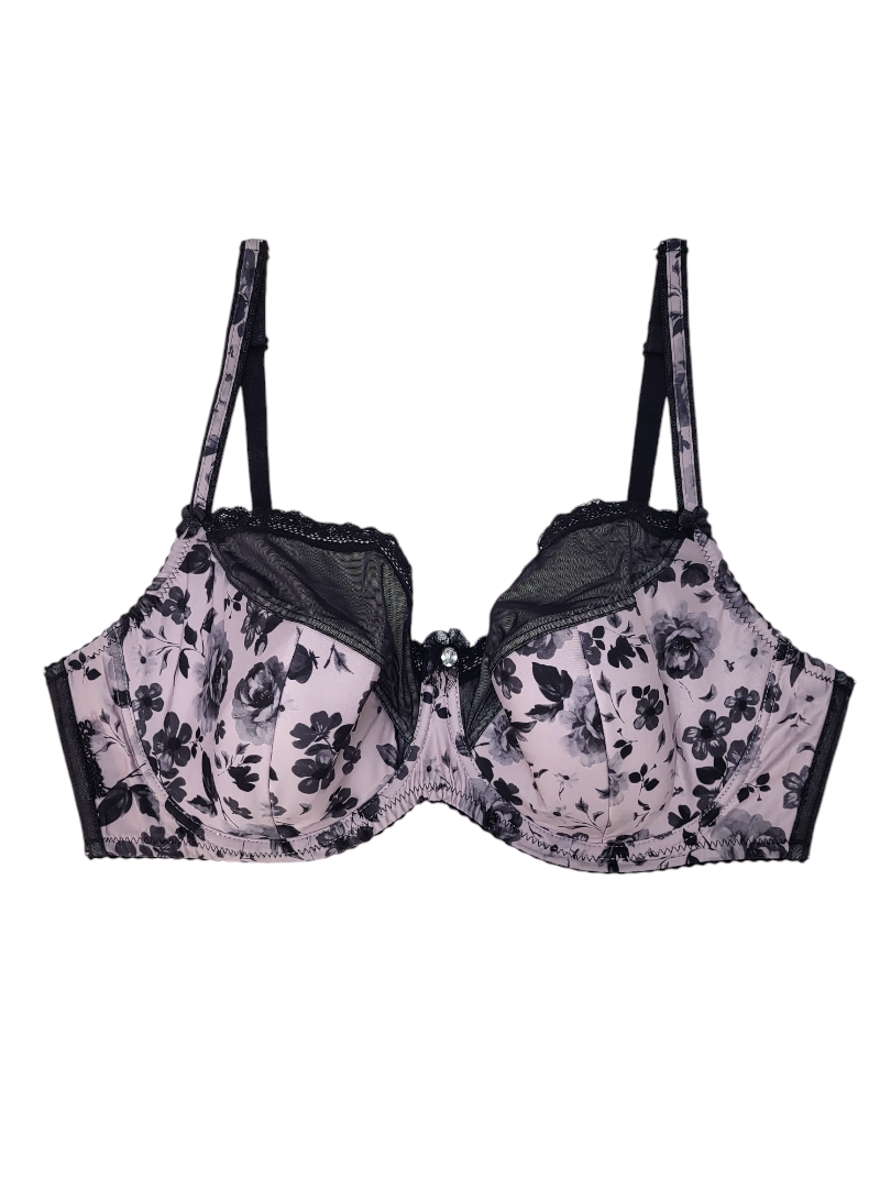 Biustonosz półusztywniany na fiszbinach w kwiatki, czarno różowy – Lanny Mode