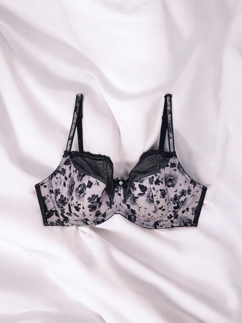 Biustonosz półusztywniany na fiszbinach w w kwiatki, czarno różowy – Lanny Mode