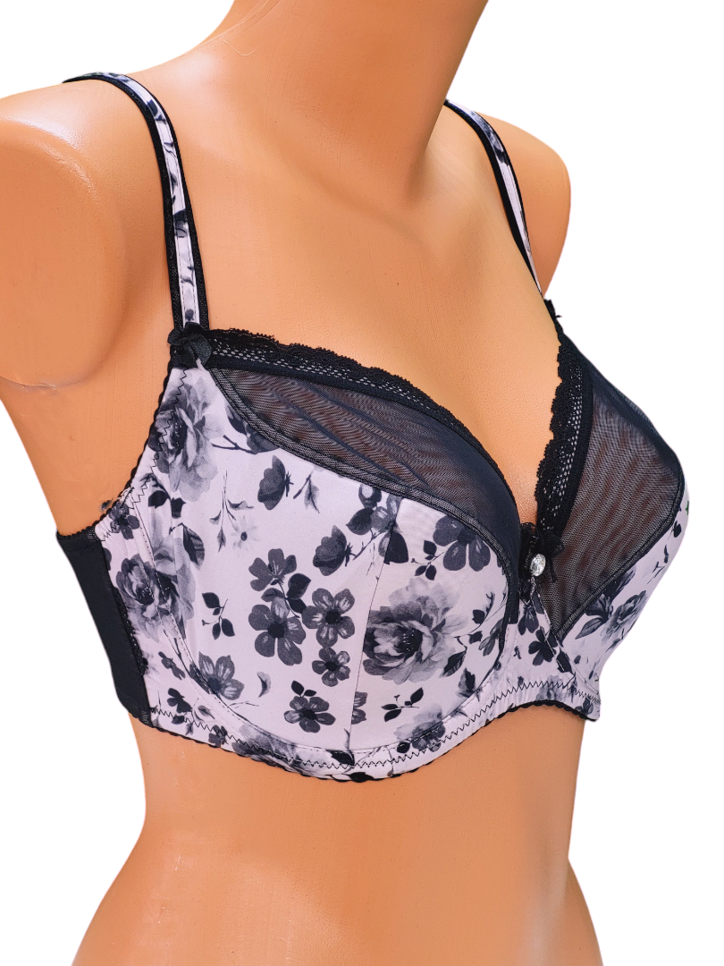 Biustonosz półusztywniany na fiszbinach w w kwiatki, czarno różowy – Lanny Mode