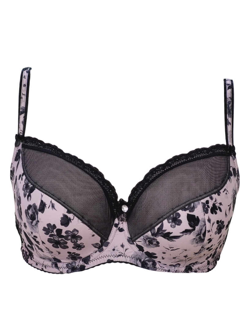 Biustonosz półusztywniany na fiszbinach w w kwiatki, czarno różowy – Lanny Mode