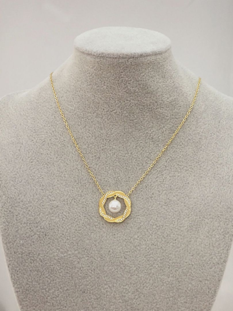 Pozłacany Naszyjnik Stal Chirurgiczna z Perłą i Cyrkoniami – Blueberry