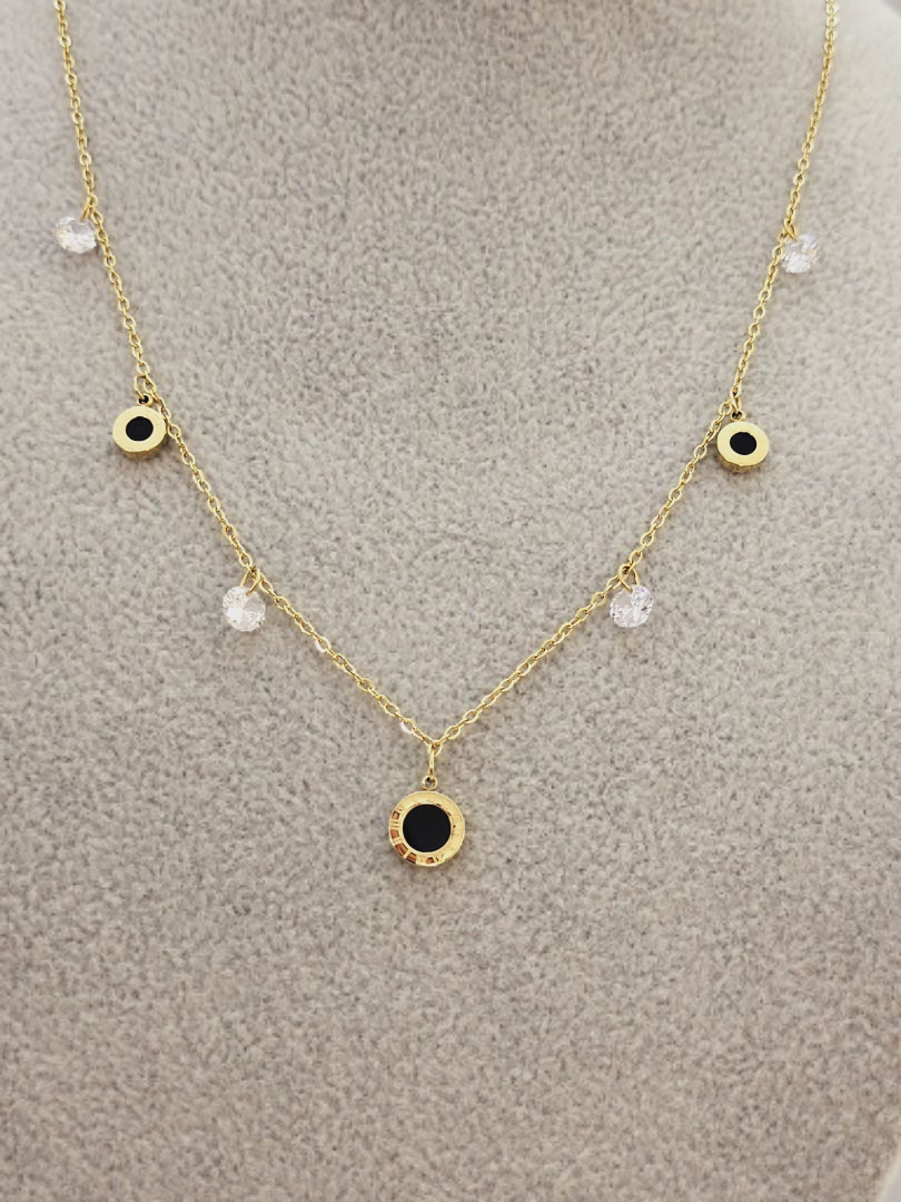 Naszyjnik Stal Chirurgiczna Pozłacany Celebrytka Czarne Dodatki Lśniące Kamienie