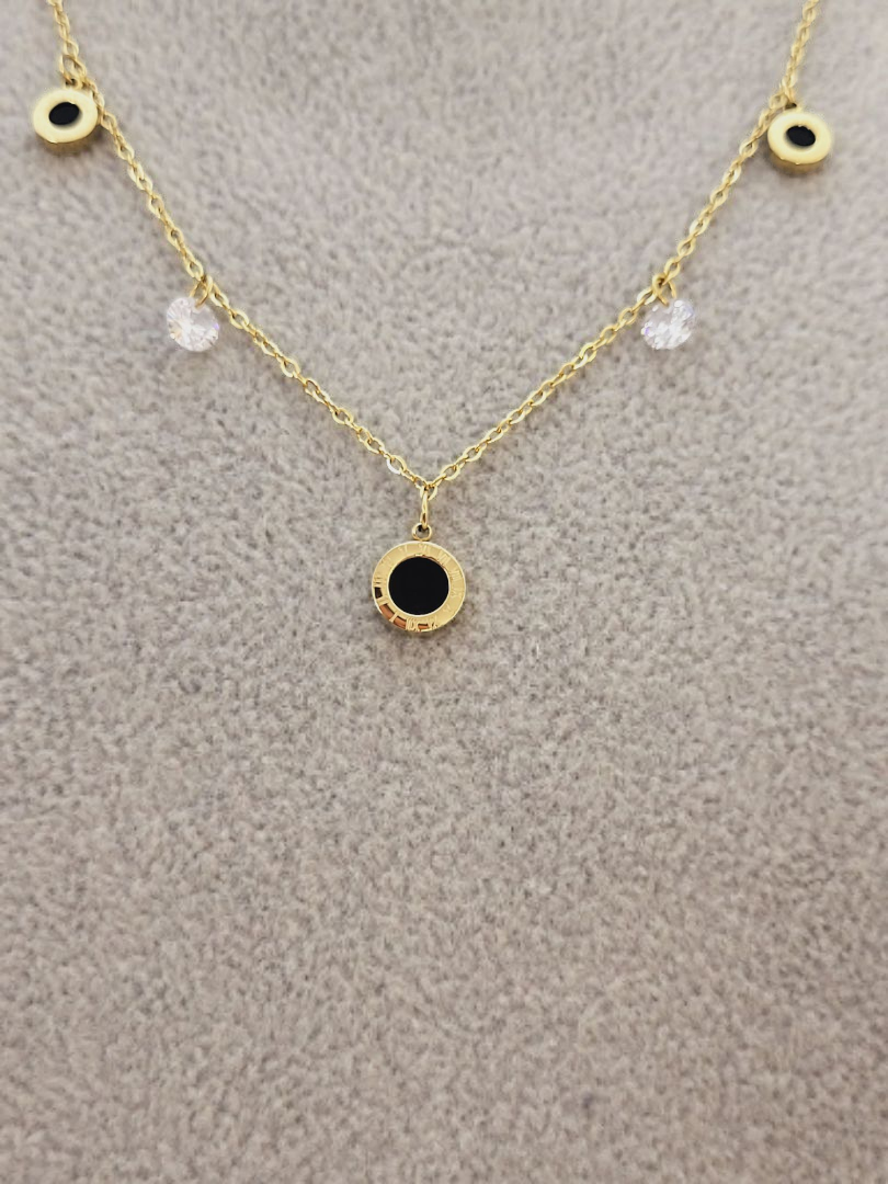 Naszyjnik Stal Chirurgiczna Pozłacany Celebrytka Czarne Dodatki Lśniące Kamienie