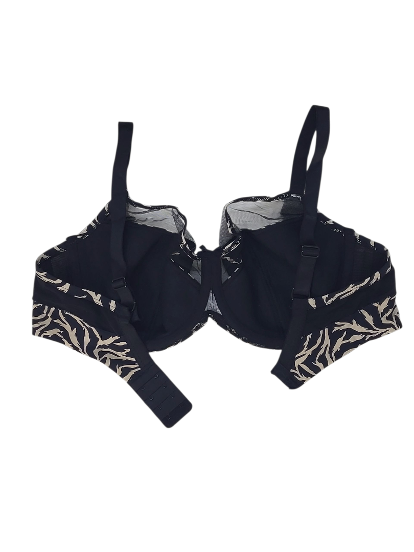 Stylowy biustonosz w kolorze czarno-beżowym z regulowanymi ramiączkami.