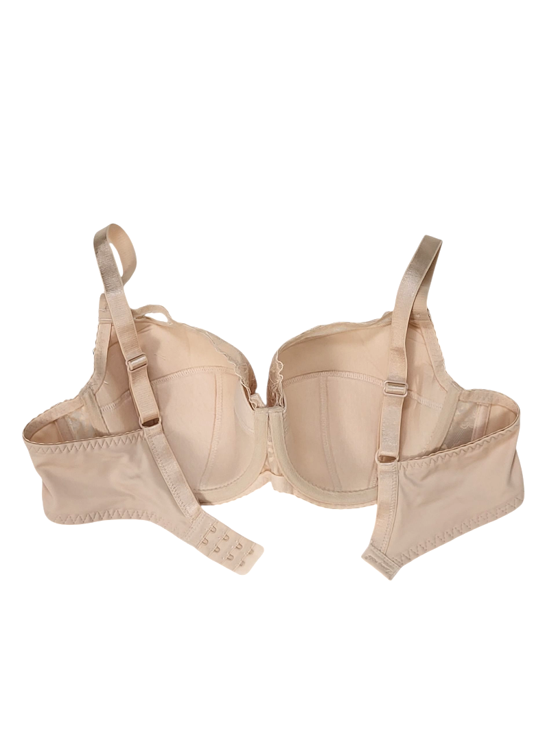 Elegancki biustonosz damski beżowy z koronką i regulowanymi ramiączkami.