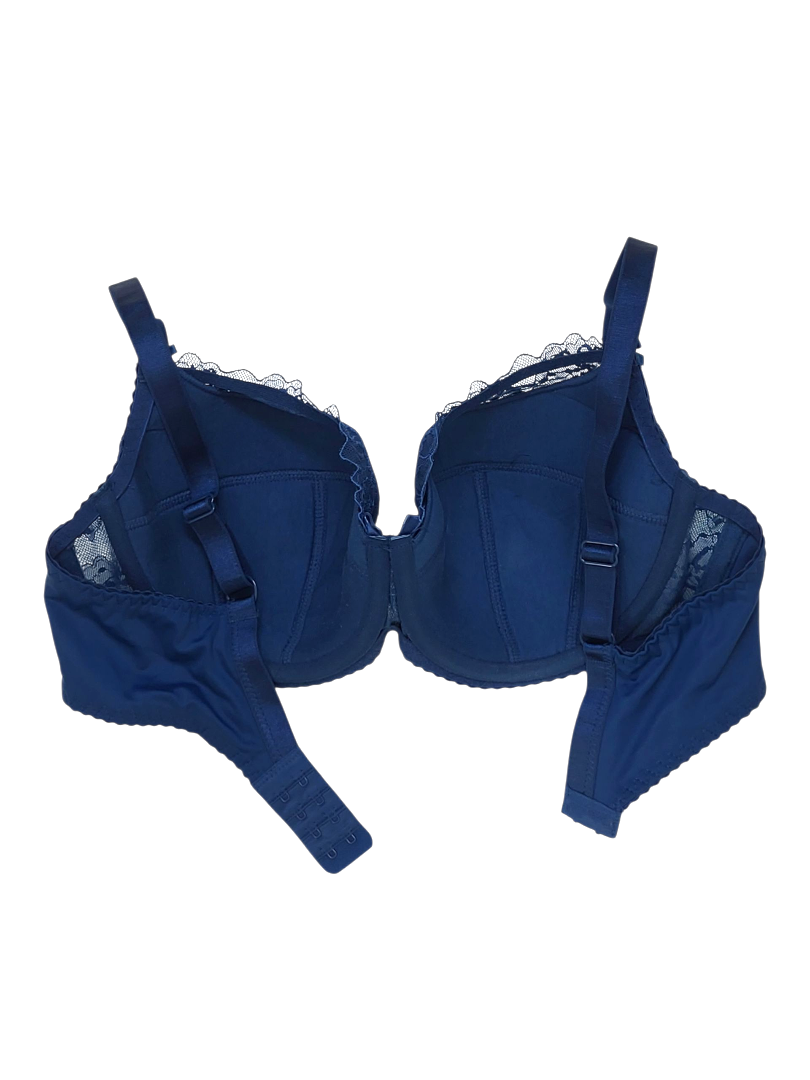 Koronkowy biustonosz damski granatowy z regulowanymi ramiączkami.