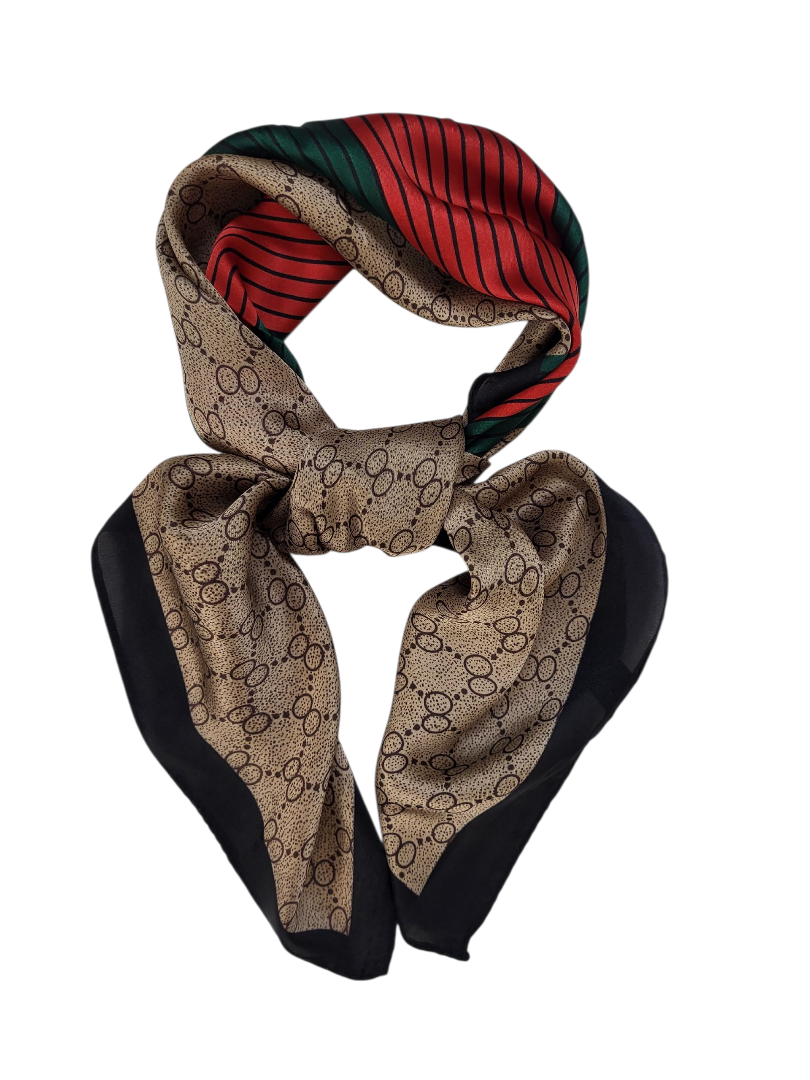 Apaszka brązowa damska 70x70 cm z czerwonym akcentem