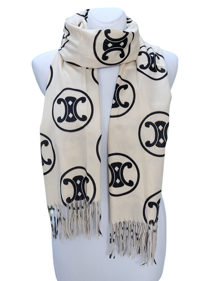 Szal kremowy z czarnym wzorem i złotym z frędzlami 70x200 cm