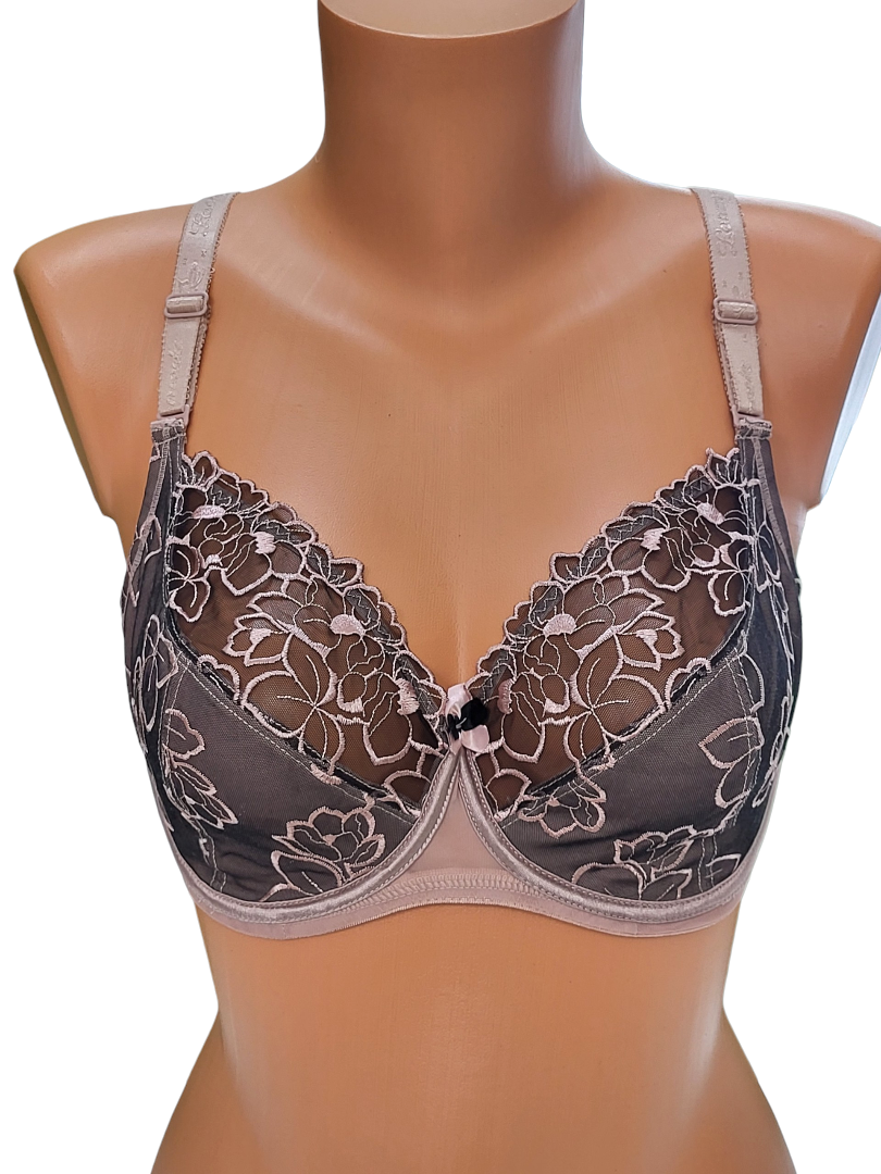 Biustonosz miękki kawowy na fiszbinach z haftowanymi miseczkami – widok przód