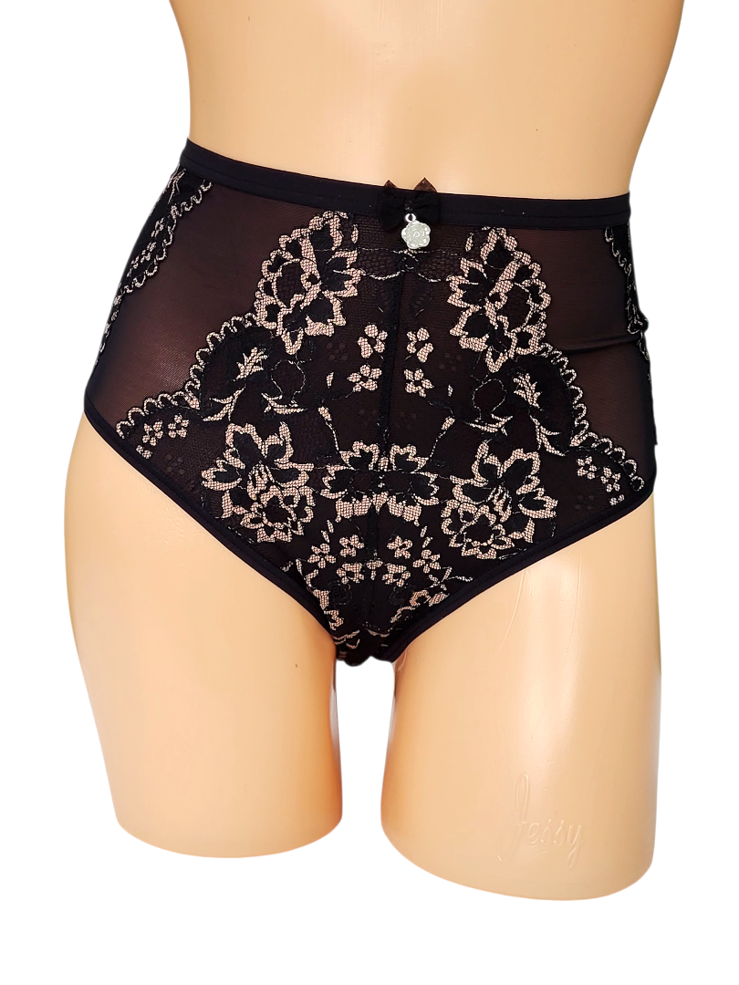 Majtki damskie czarne eleganckie koronka beżowa